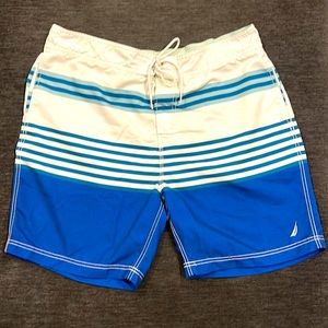 Men’s Blue, White and Tuquoise Nautica Striped Swim Trunks